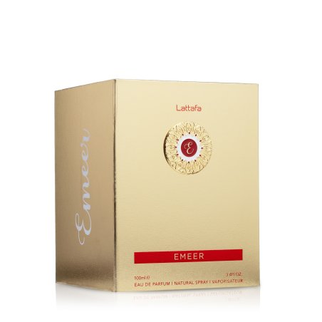 Lattafa Perfume EMEER EDP 100 ml — toote pakend; lähivaade; valgel taustal
