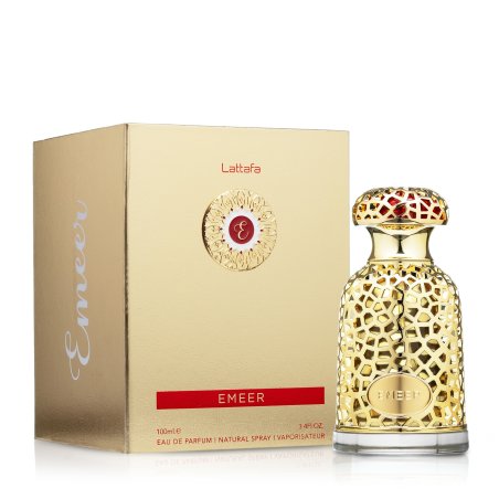 Lattafa Perfume EMEER EDP 100 ml — toode ja pakend; lähivaade; valgel taustal