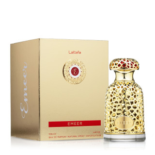 Lattafa Perfume EMEER EDP 100 ml — toode ja pakend; lähivaade; valgel taustal