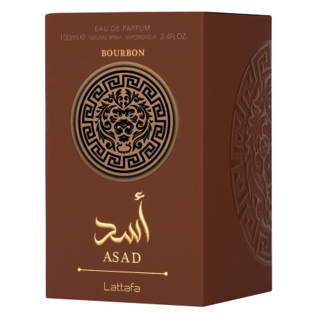 Lattafa Perfume Asad Bourbon EDP 100 ml — изображение товара; очень крупный план; на белом фоне