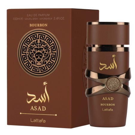 Lattafa Perfume Asad Bourbon EDP 100 ml — упаковка товара; очень крупный план; на белом фоне; самый близкий кадр