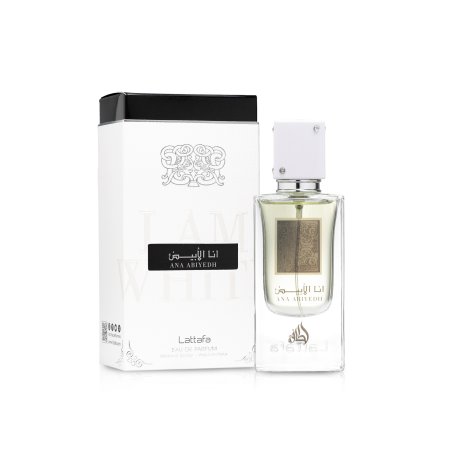 Lattafa Perfume Ana Abiyedh EDP 60 ml — товар и упаковка; широкая композиция; на белом фоне