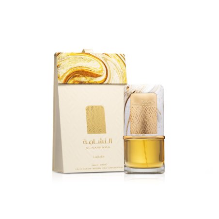 Lattafa Perfume Al Nashama EDP 100 ml — productverpakking; volledige compositie; op een witte achtergrond