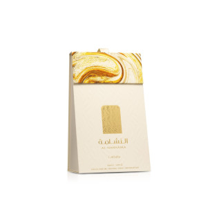 Lattafa Perfume Al Nashama EDP 100 ml — productverpakking; ruime compositie; op een witte achtergrond