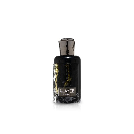 Lattafa Perfume Ajayeb Dubai EDP 100 ml — toote vaade; lai kompositsioon; valgel taustal
