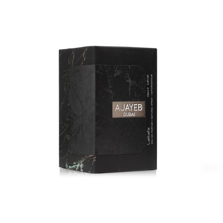 Lattafa Perfume Ajayeb Dubai EDP 100 ml — toote pakend; täiskompositsioon; valgel taustal