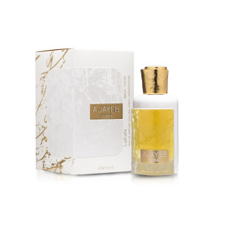 Lattafa Perfume Ajayeb Dubai Portrait EDP 100 ml — produkt og emballage; fuld komposition; på hvid baggrund