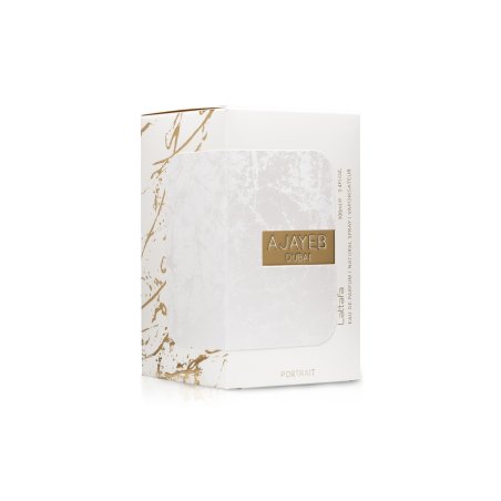 Lattafa Perfume Ajayeb Dubai Portrait EDP 100 ml — produktemballage; bred komposition; på hvid baggrund