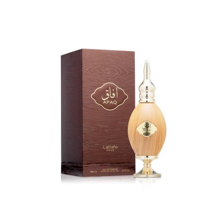 Lattafa Perfume AFAQ Pride EDP 100 ml — toode stiliseeritud keskkonnas; täiskompositsioon; puitpinnal