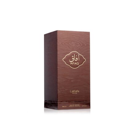 Lattafa Perfume AFAQ Pride EDP 100 ml — toote pakend; täiskompositsioon; valgel taustal