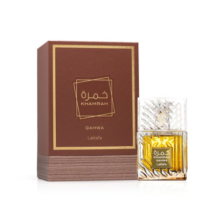 Lattafa Perfume Khamrah Qahwa EDP 100 ml — опаковка на продукта; близък план; на бял фон
