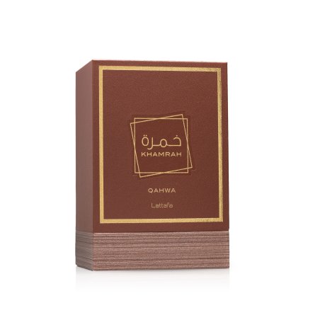 Lattafa Perfume Khamrah Qahwa EDP 100 ml — опаковка на продукта; цялостна композиция; на бял фон