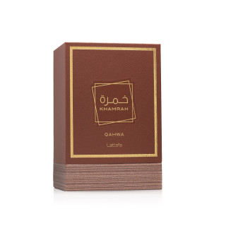 Lattafa Perfume Khamrah Qahwa EDP 100 ml — опаковка на продукта; цялостна композиция; на бял фон