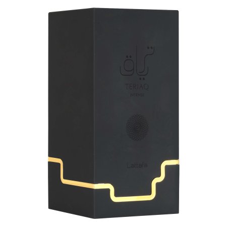 Lattafa Perfume Teriaq Intense EDP 100 ml — productweergave; close-up; op een witte achtergrond; meest nabije kadrering