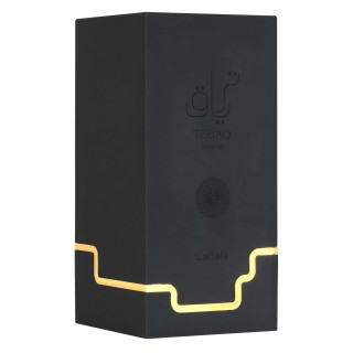 Lattafa Perfume Teriaq Intense EDP 100 ml — productweergave; close-up; op een witte achtergrond; meest nabije kadrering