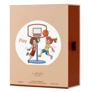 Lattafa Perfume Pride Play EDP 75 ml — упаковка товара; очень крупный план; на белом фоне