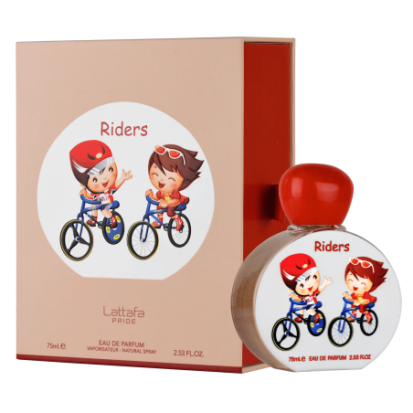 Lattafa Perfume Pride Riders EDP 75 ml — productweergave; zeer nabije close-up; op een witte achtergrond; gemiddelde kadrering