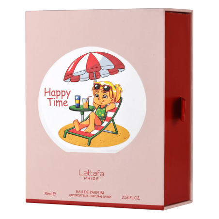 Lattafa Perfume Pride Happy Time EDP 75 ml — изображение товара; очень крупный план; на белом фоне; самый близкий кадр
