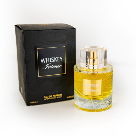 Fragrance World Whiskey Intense EDP 100 ml — Produkt und Verpackung; Nahaufnahme; auf weißem Hintergrund