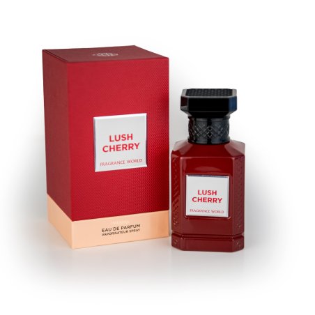 Fragrance World Lush Cherry EDP 80 ml — toode ja pakend; lähivaade; valgel taustal; lähim kadreering
