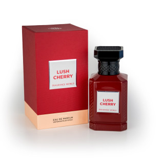 Fragrance World Lush Cherry EDP 80 ml — toode ja pakend; lähivaade; valgel taustal; lähim kadreering