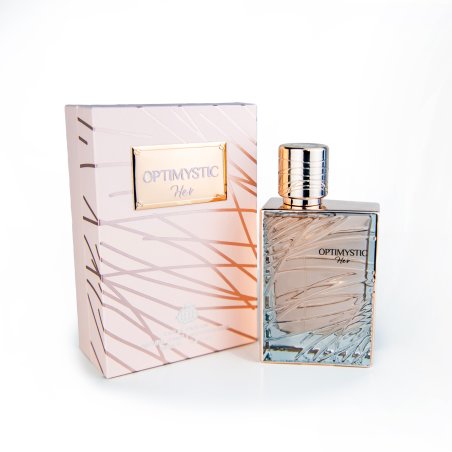 Fragrance World Optimystic for Her EDP 100 ml — товар и упаковка; полная композиция; на белом фоне