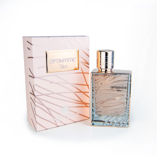 Fragrance World Optimystic for Her EDP 100 ml — товар и упаковка; полная композиция; на белом фоне