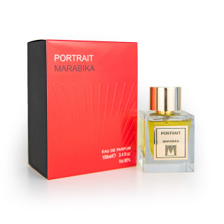 MARABIKA Portrait EDP 100 ml — товар и упаковка; крупный план; на белом фоне; самый широкий кадр
