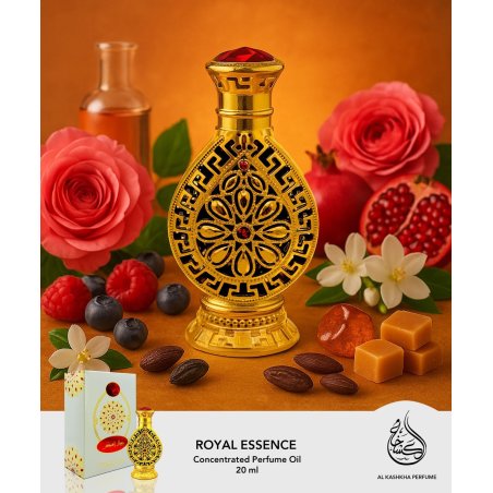 Fragrance World Royal Essence 20 ml — produktas stilizuotoje aplinkoje; stambus planas; su gėlėmis