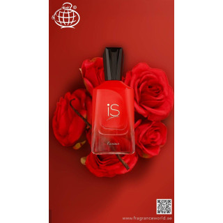 Fragrance World IS L'Amour EDP 75 ml — produkt i en stilisert setting; svært tett nærbilde; med blomster; tetteste utsnitt