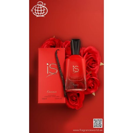 Fragrance World IS L'Amour EDP 75 ml — produkt i en stilisert setting; svært tett nærbilde; med blomster; videste utsnitt