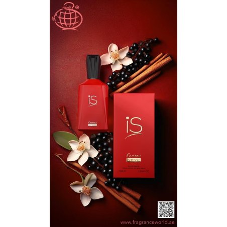 Fragrance World IS L'Amour Intense EDP 75 ml — toode ja pakend; väga lähivõte; valgel taustal; kõige laiem kadreering
