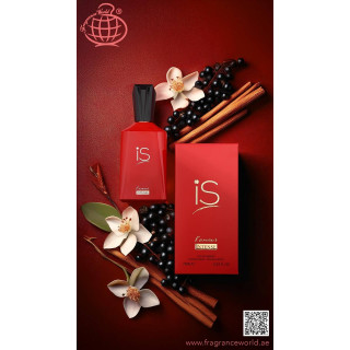 Fragrance World IS L'Amour Intense EDP 75 ml — toode ja pakend; väga lähivõte; valgel taustal; kõige laiem kadreering