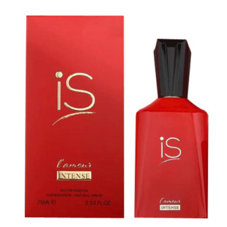 Fragrance World IS L'Amour Intense EDP 75 ml — toode ja pakend; väga lähivõte; valgel taustal; lähim kadreering