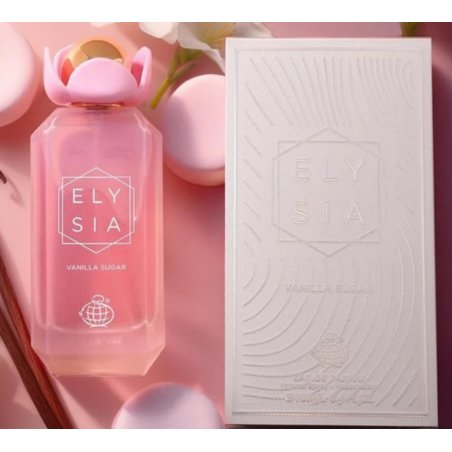 Fragrance World Elysia Vanilla Sugar EDP 100 ml — tuotekuva; erittäin tiukka lähikuva; valkoisella taustalla