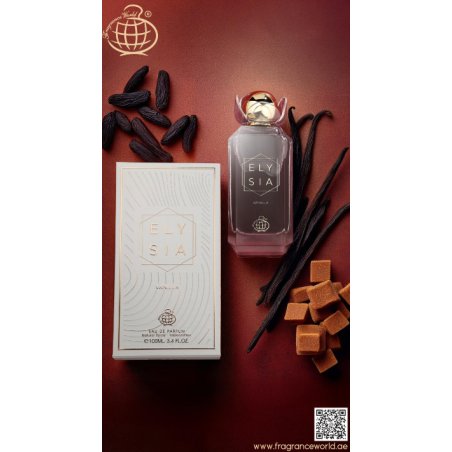 Fragrance World Elysia Vanilla EDP 100 ml — toode ja pakend; väga lähivõte; valgel taustal