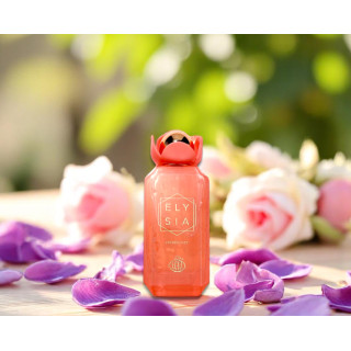 Fragrance World Elysia Lychee EDP 100 ml — toode stiliseeritud keskkonnas; väga lähivõte; valgel taustal