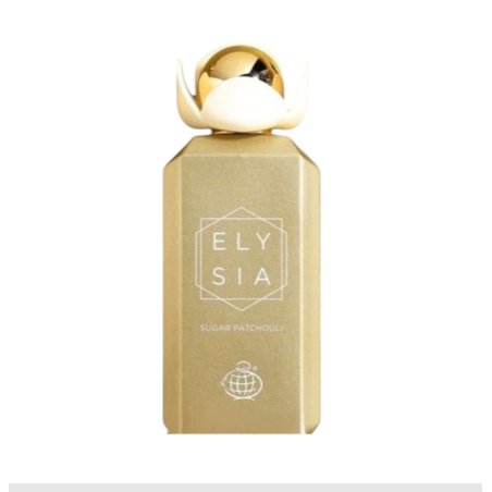 Fragrance World Elysia Sugar Patchouli EDP 100 ml — упаковка товара; полная композиция; на белом фоне; самый близкий кадр