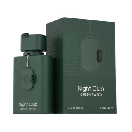 Fragrance World Night Club Green Tweed EDP 100 ml — productverpakking; close-up; op een witte achtergrond
