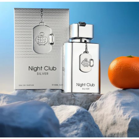 Fragrance World Night Club Silver EDP 100 ml — упаковка товара; очень крупный план; с ингредиентами аромата