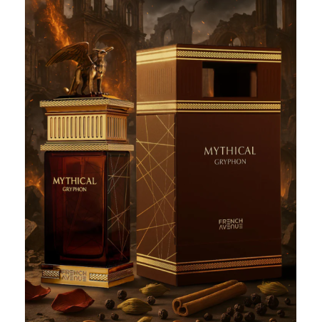 Fragrance World Mythical Gryphon EDP 100 ml — product en verpakking; zeer nabije close-up; op een witte achtergrond