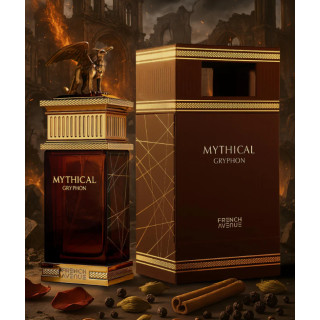 Fragrance World Mythical Gryphon EDP 100 ml — product en verpakking; zeer nabije close-up; op een witte achtergrond