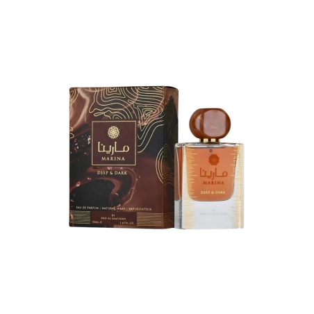 Lattafa Perfume Marina Deep and Dark EDP 50 ml — опаковка на продукта; цялостна композиция; на бял фон; най-широк кадър