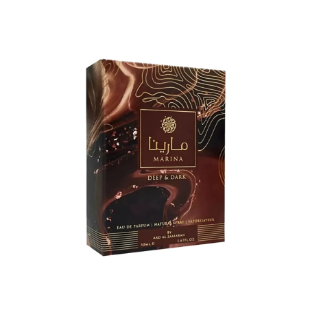 Lattafa Perfume Marina Deep and Dark EDP 50 ml — опаковка на продукта; цялостна композиция; на бял фон; най-близък кадър
