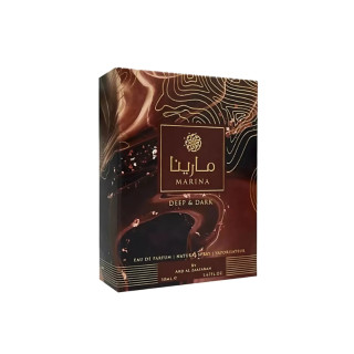 Lattafa Perfume Marina Deep and Dark EDP 50 ml — опаковка на продукта; цялостна композиция; на бял фон; най-близък кадър