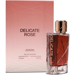 Aurora Scents Delicate Rose EDP 100 ml — товар и упаковка; очень крупный план; на белом фоне