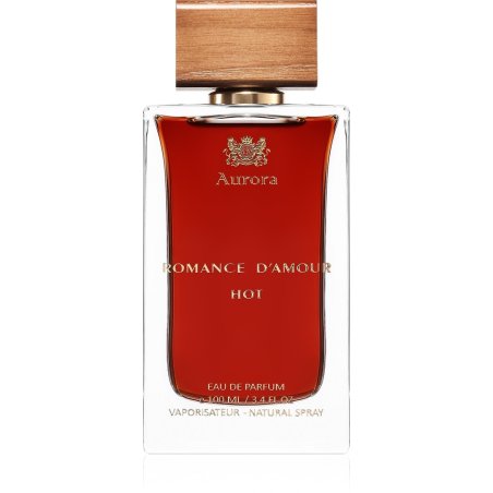 Aurora Scents Romance D’Amour Hot EDP 100 ml — товар в стилизованной композиции; крупный план; на деревянной поверхности