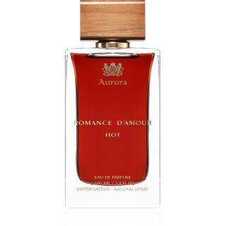 Aurora Scents Romance D’Amour Hot EDP 100 ml — товар в стилизованной композиции; крупный план; на деревянной поверхности