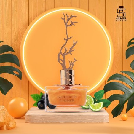 Aurora Scents Deciduous Summer EDP 100 ml — товар в стилизованной композиции; крупный план; среди зелени