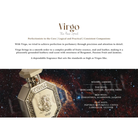 Fragrance World Genesis Virgo (Neitsi) EDP 100 ml — toote vaade; lähivaade; toote infograafika; lähim kadreering